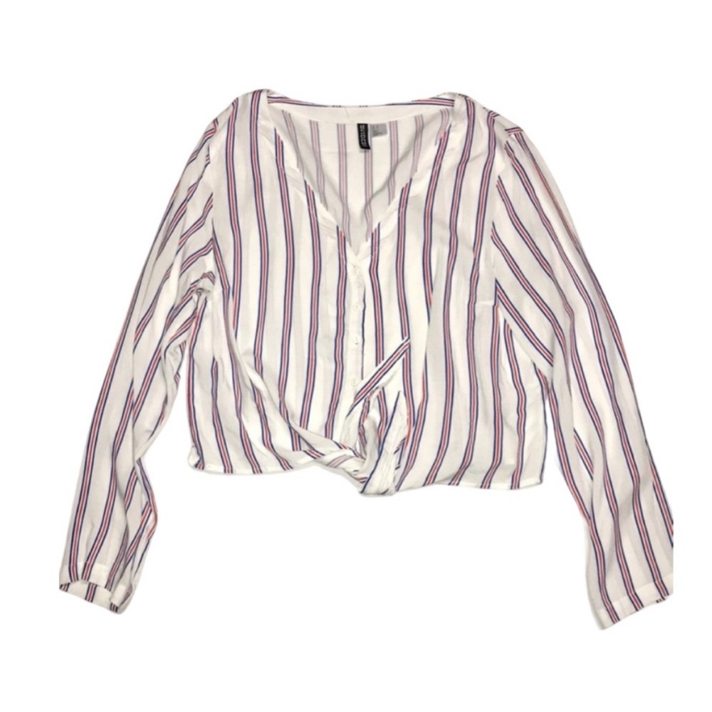 Divided - Blue, White & Red Front Tie Stripped Top - Size 10